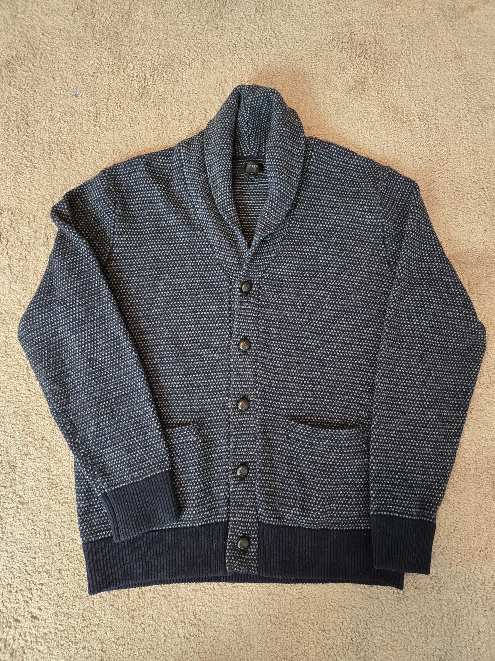 J.Crew 100% Lambswool Shawl Collar Cardigan Sweater Navy Gray Large Grandpacore